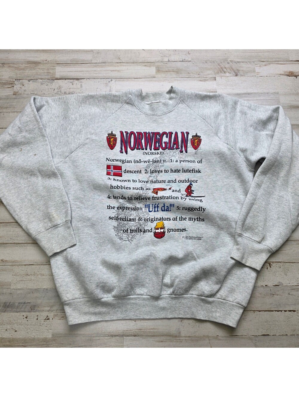 VTG 90s Norwegian Uff Da Sweatshirt XL Gray Norway Lutefisk Troll Gnome Norske